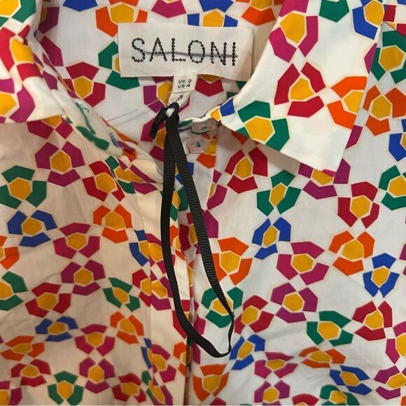 Saloni Geometric Long Sleeve Poplin Shirtdress Ruffle Hem US 4 - Picture 6 of 8
